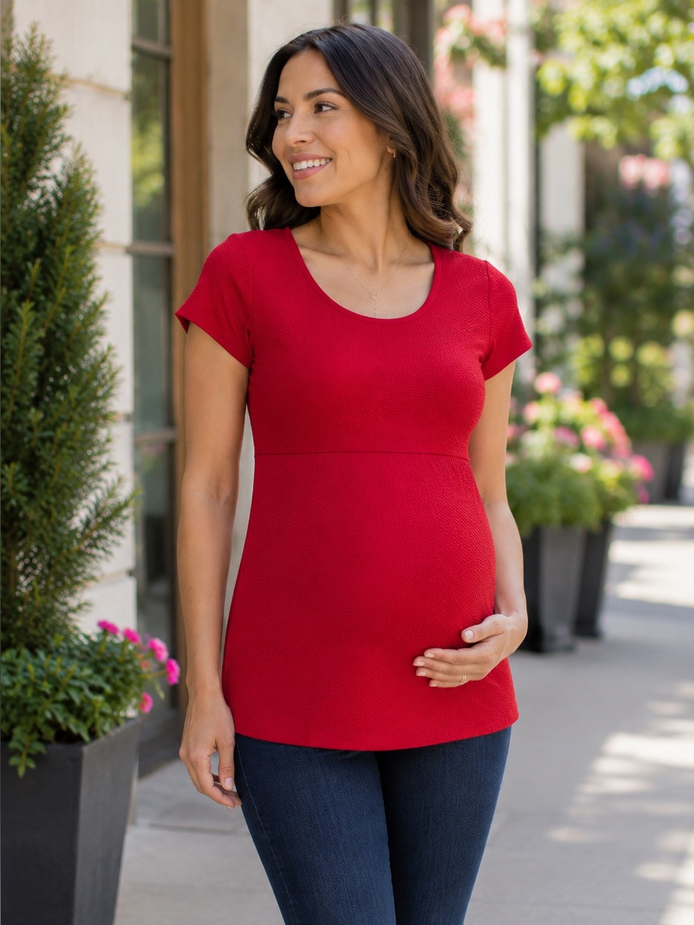 Motherhood Maternity Red Empire Waist Textured Blouse Top Size Small